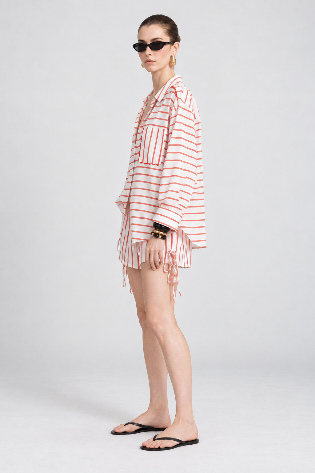 White & Coral Striped Pocket Shirt