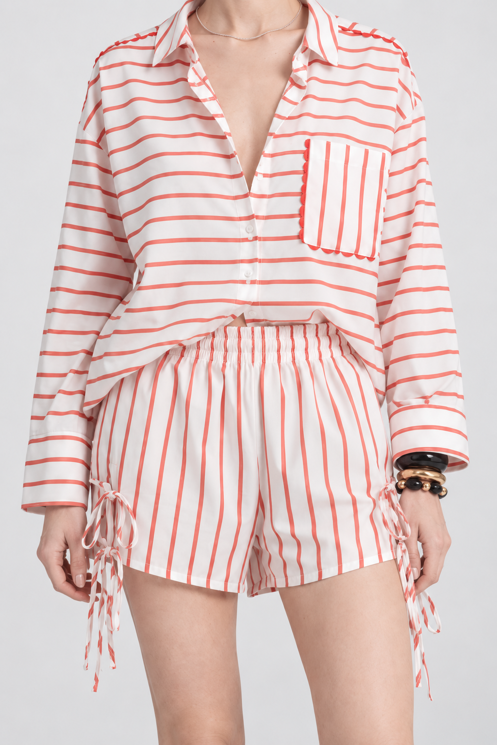 White & Coral Striped Pocket Shirt
