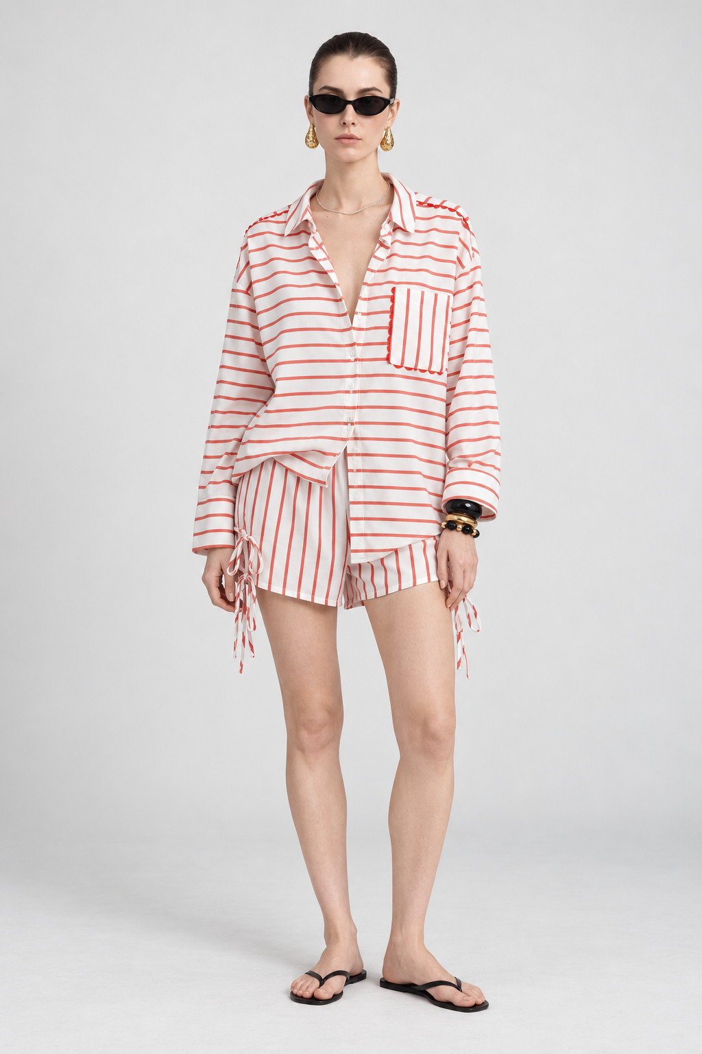 White & Coral Striped Pocket Shirt