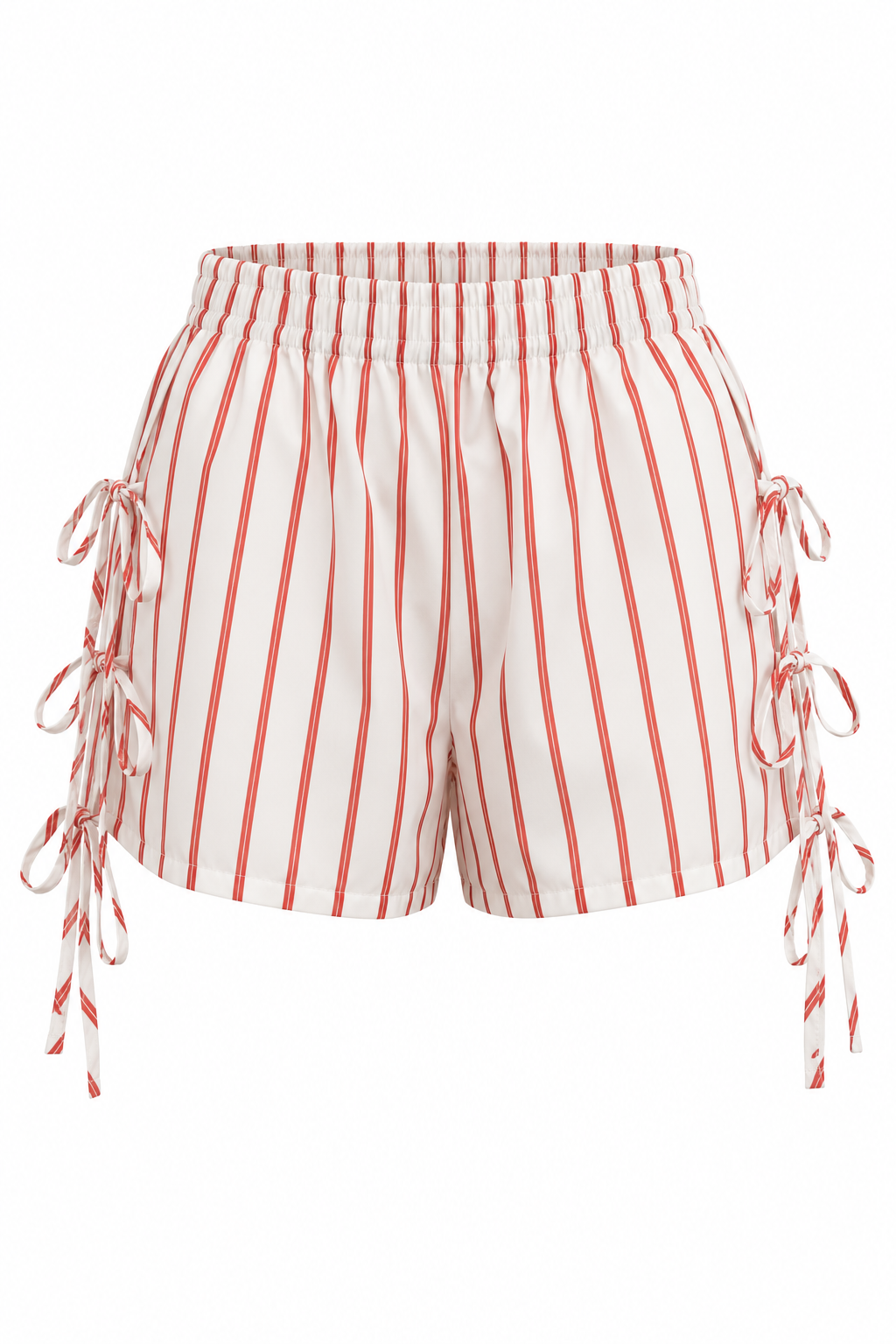White & Coral Striped Side-Tie Shorts