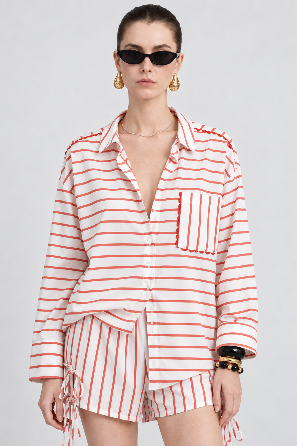 White & Coral Striped Side-Tie Shorts