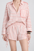 White & Coral Striped Side-Tie Shorts