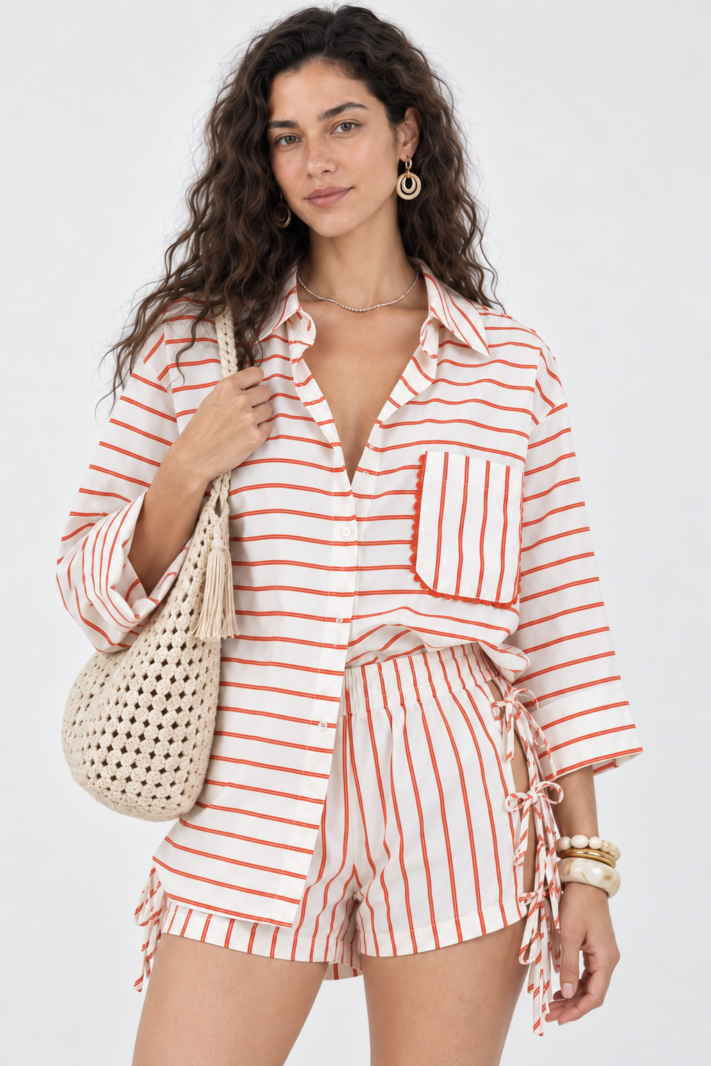 White & Coral Striped Side-Tie Shorts