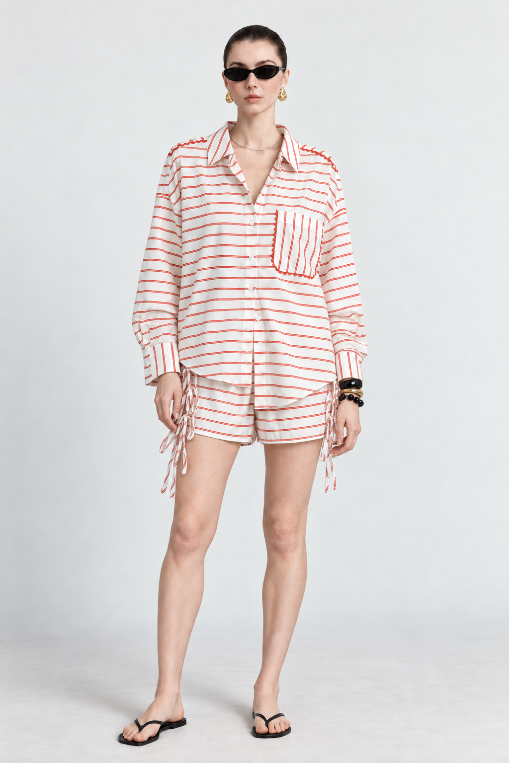 White & Coral Striped Side-Tie Shorts