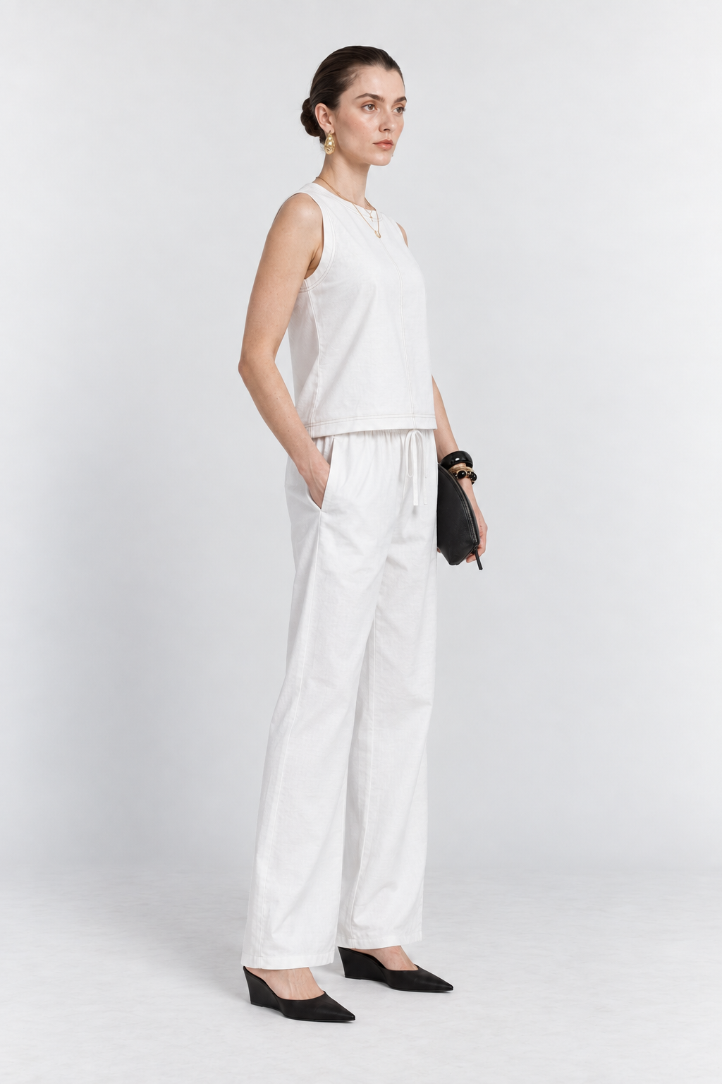 White Drawstring Relaxed Pants