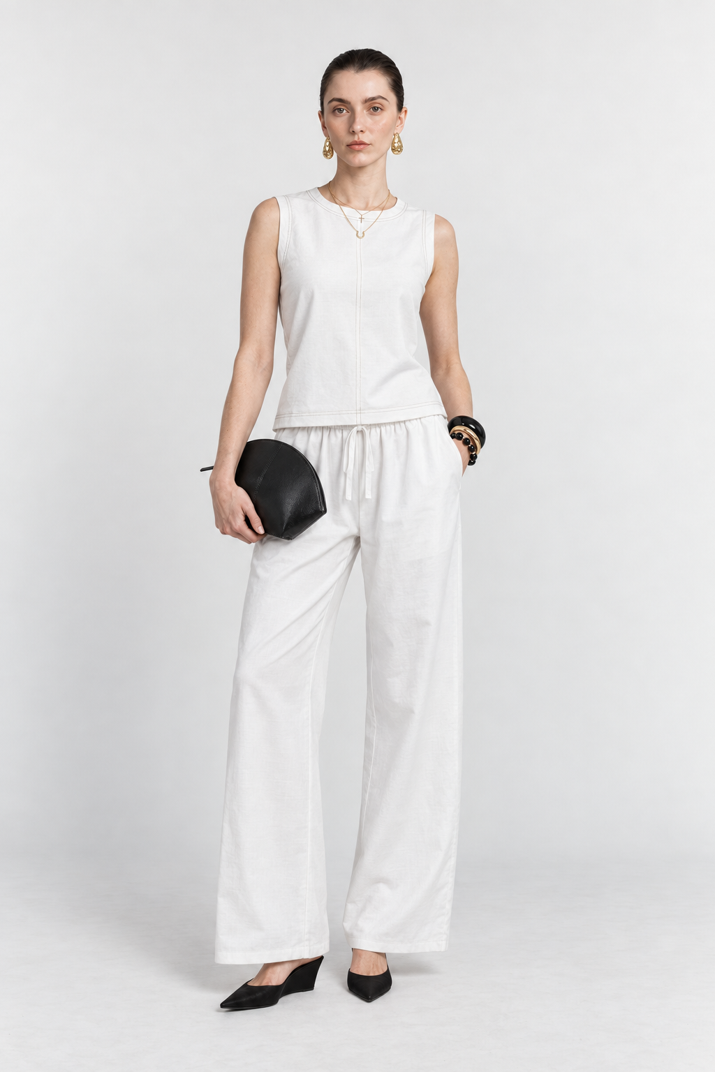 White Drawstring Relaxed Pants