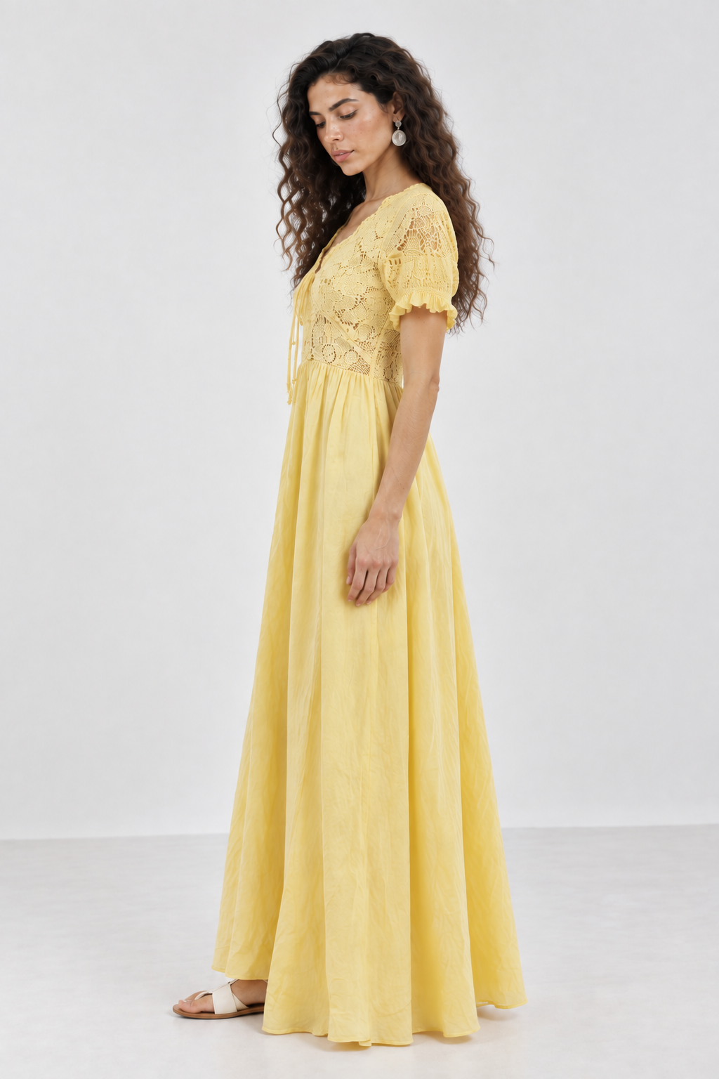 Yellow Cotton Embroidered Backless Maxi Dress