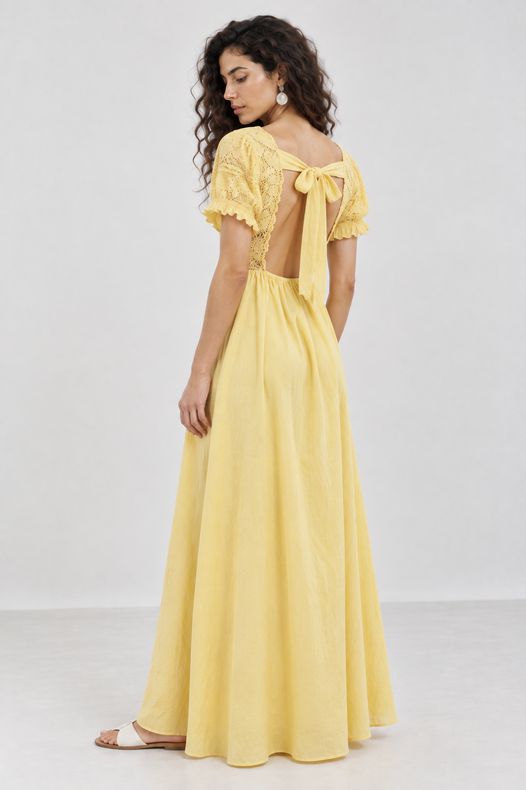 Yellow Cotton Embroidered Backless Maxi Dress