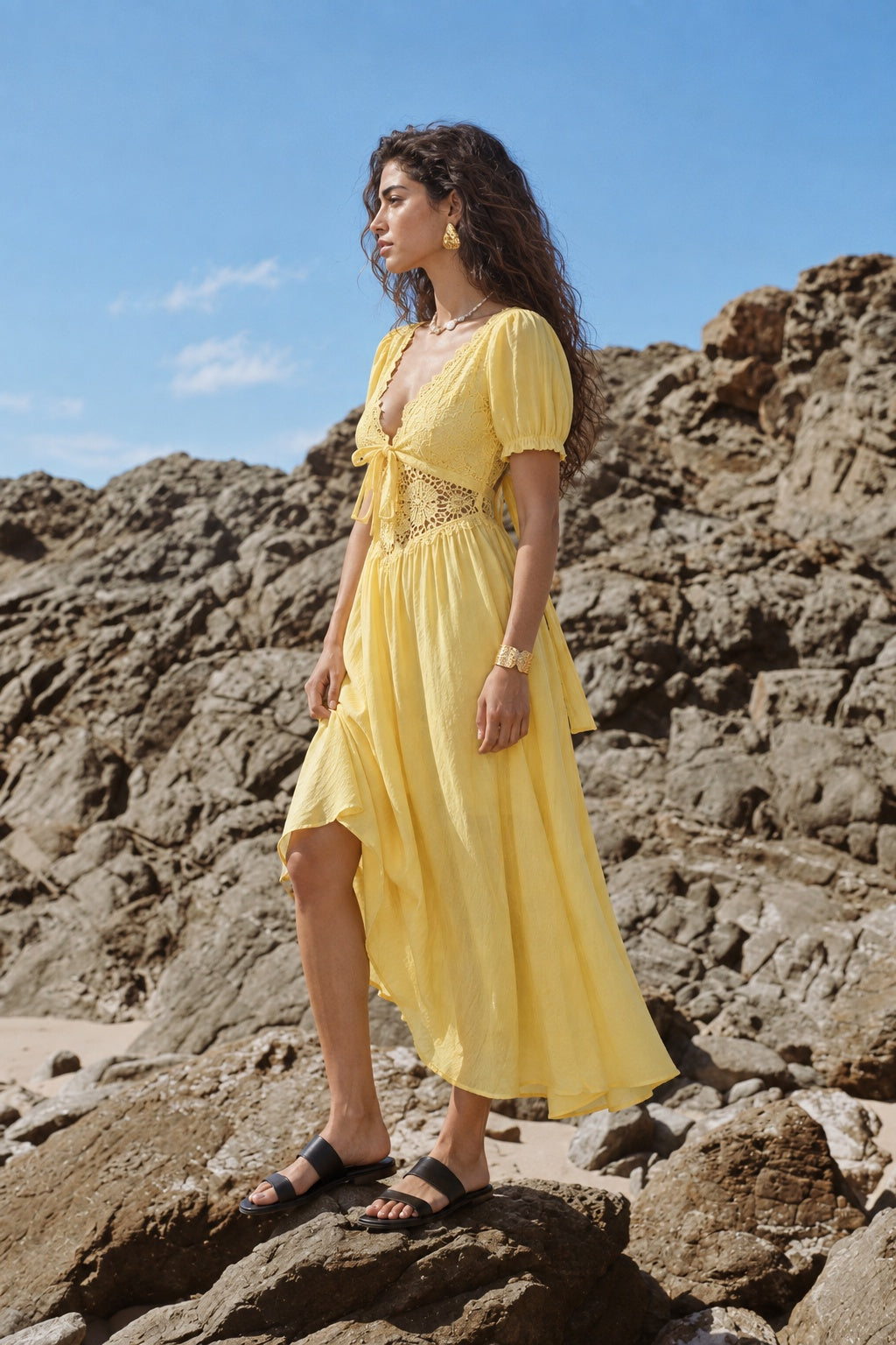 Yellow Cotton Embroidered Backless Maxi Dress