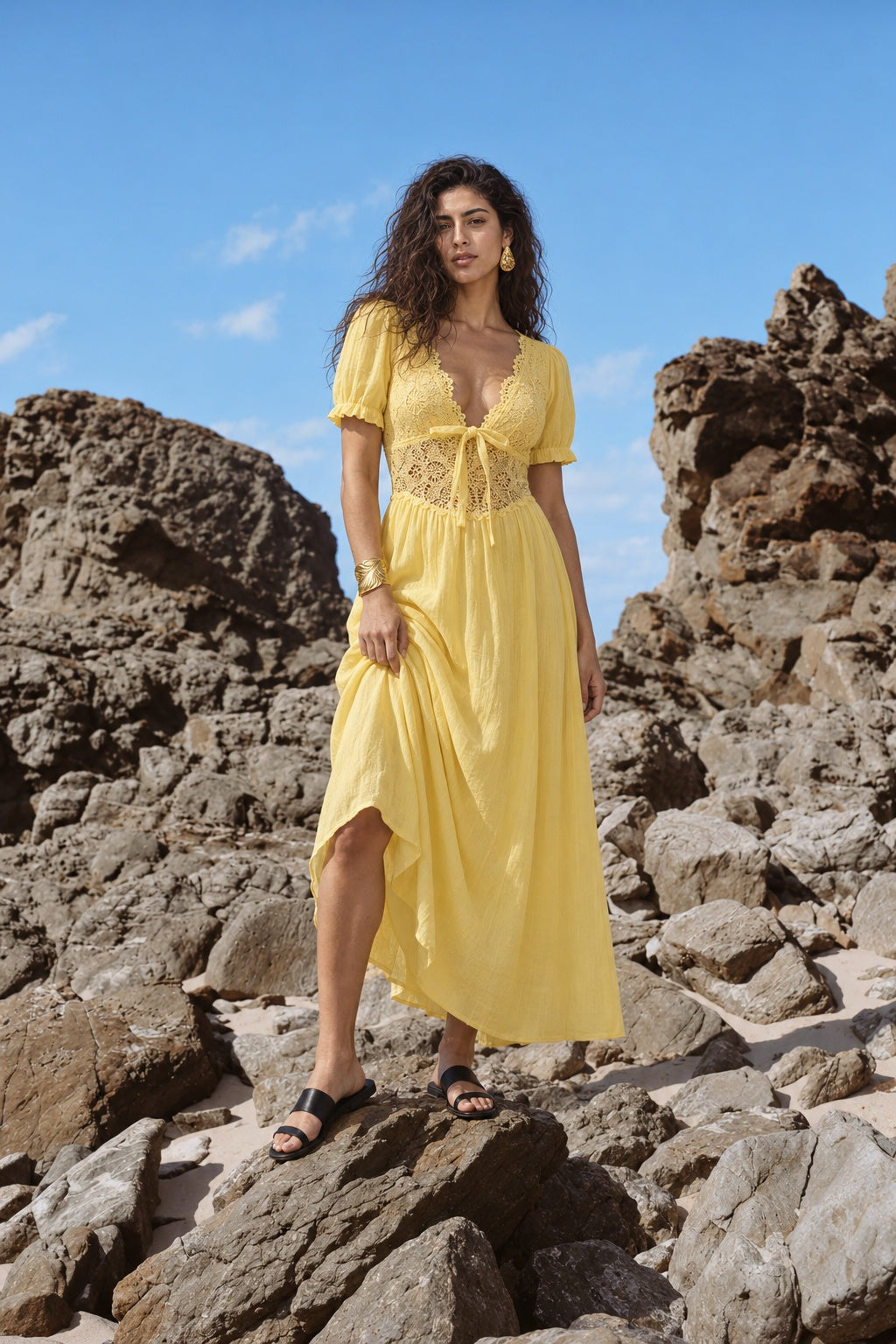 Yellow Cotton Embroidered Backless Maxi Dress