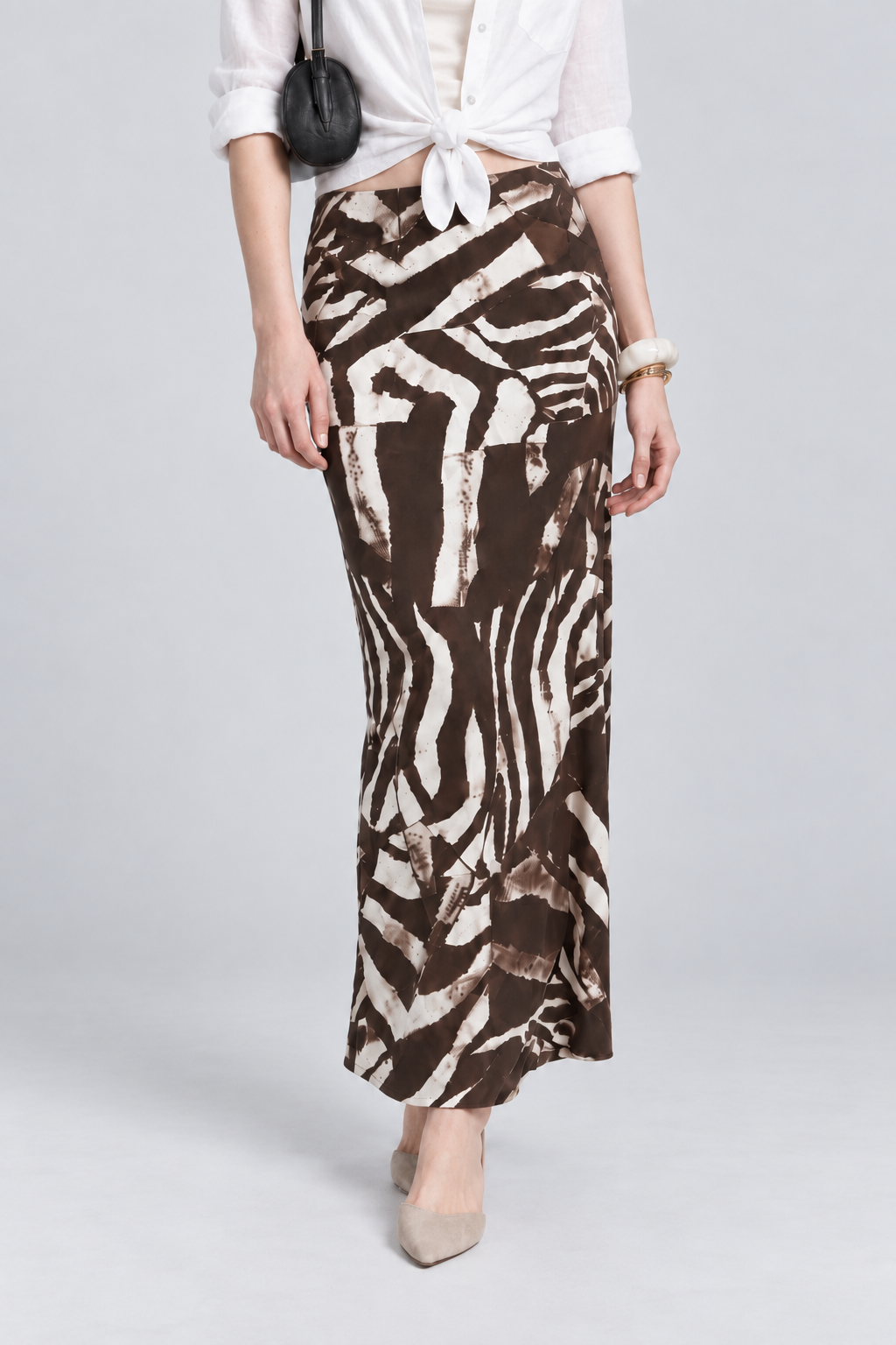 Chocolate Brown Abstract Printed Midi Skirt