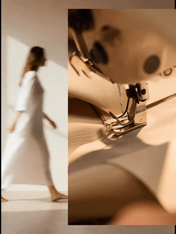 ISLA LAURE atelier montage with a flowing white dress, sewing and fabric details.