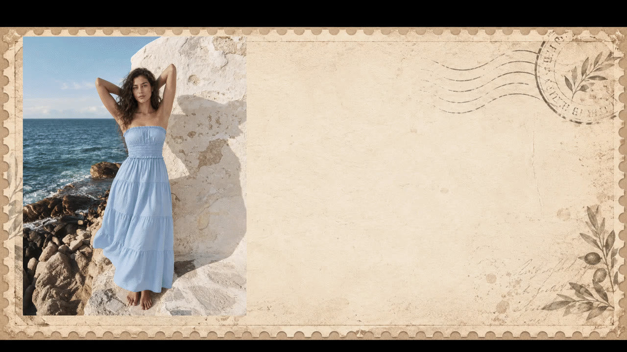 Animated vintage island postcards featuring ISLA LAURE looks and coastal scenery.