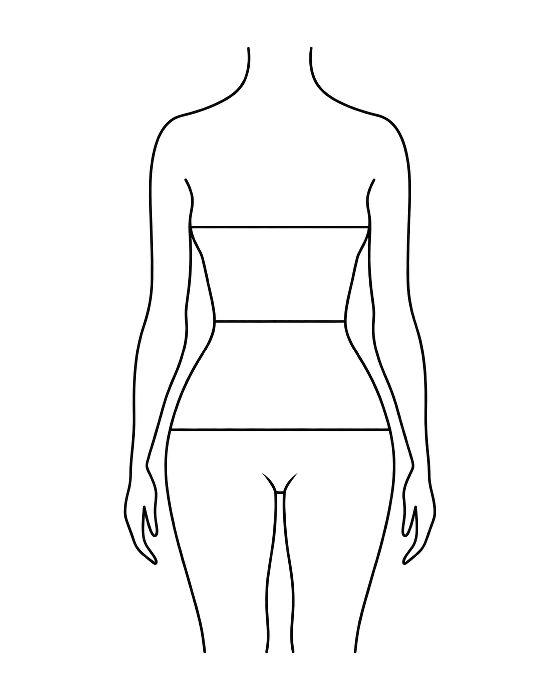 Illustration showing tape positions for measuring the fullest bust, natural waist and fullest hips.